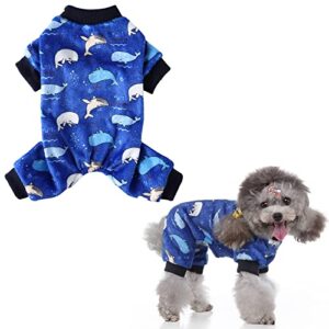 Dog Pajamas Blue Ocean Happy White Whaler Pet Clothes, Dog Cold Weather Coats, Winter Warm Flannel Puppy Jumpsuit Sweater Apparel 4 Legs Dog Clothes for Small Dogs Cats Boy Girl Blue Medium