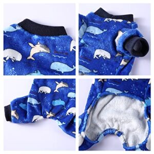 Dog Pajamas Blue Ocean Happy White Whaler Pet Clothes, Dog Cold Weather Coats, Winter Warm Flannel Puppy Jumpsuit Sweater Apparel 4 Legs Dog Clothes for Small Dogs Cats Boy Girl Blue Medium