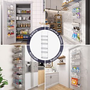 Over the Door Organizer, Adjustable Over Pantry Door Storage with 6 Deep Basket Hanging Over Door Spice Rack Closet Cabinet Door Shelf Organizer for Kitchen Bathroom, Wall Mountable, Modularized Use