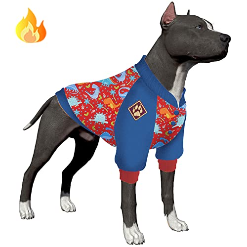 LovinPet Big Dog Fleece Coat - Winter Warm Pet Clothes for Small Dogs, Skin-Friendly Flannel Fabric Clothes for Dog, Dinosaur Jungle Red Prints Dog Sweater, Dog Outfit for Fall and Winter,