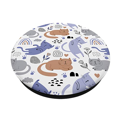 Pattern with Funny Cats Rainbow and Flowers PopSockets Swappable PopGrip