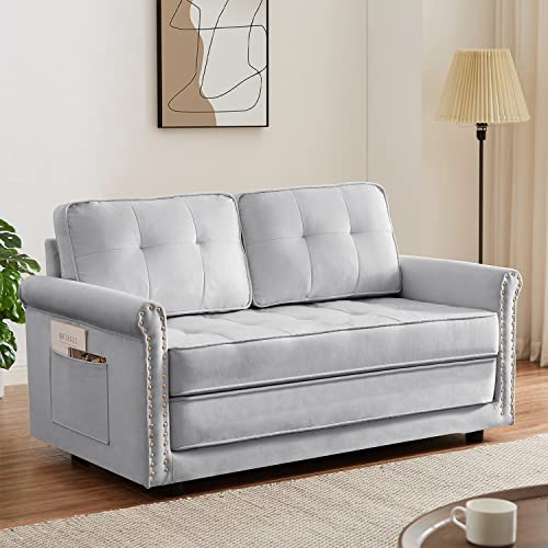 Antetek Loveseat Sleeper Sofa Bed, Modern Velvet Fabric Upholstered Futon Sofa Couch, Twin Floor Gaming Sofa, 54-inch Small Love seat, Foldable Lazy Recliner Sofa for Living Room Apartment, Grey
