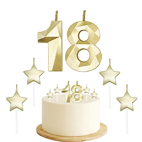 18th Birthday Candles for Cake - Number 18 & 81 & 1 & 8 Birthday Candles and Glitter Star Birthday Candles 2 Inch 3D Diamond Shape Number Candles for Birthday Party Anniversary Kids Adults(Gold)