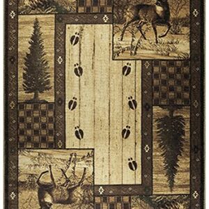 Great American Distributors - Machine Washable - Animal Print Forest Theme Area Rug - Deer Rustic Hunting Lodge, Geometric Tribal Pattern, Brown, Green, Beige