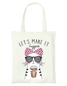 cute canvas tote bag - cat gifts for women - pink cat gifts for cat lovers - cat mom gifts - birthday bags for cat lover gifts - teacher, book tote bag - reusable for shopping (coffee cat)