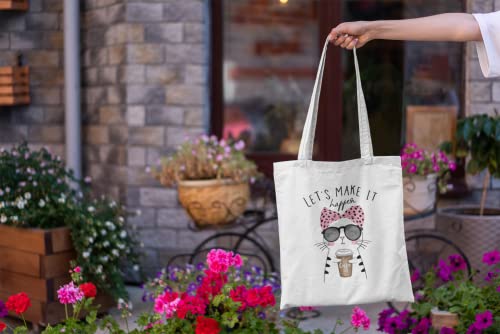 Cute Canvas Tote Bag - Cat Gifts for Women - Pink Cat Gifts for Cat Lovers - Cat Mom Gifts - Birthday Bags for Cat Lover Gifts - Teacher, Book Tote Bag - Reusable for Shopping (Coffee Cat)