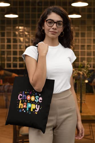 CurryFerry Cute Canvas Tote Bag for Women - Teacher Tote Bag - Inspirational Gifts for Teacher - Black Tote Bag - Reusable Shopping Bags for Grocery Utility Teacher College Work (Choose Happy)