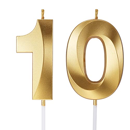 10th Birthday Candles Number 10 Candles Numerals for Cakes Happy Tenth Birthday 3D Designed 10th Wedding Anniversary Party Cake Topper Decorations (10, Gold)