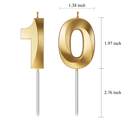 10th Birthday Candles Number 10 Candles Numerals for Cakes Happy Tenth Birthday 3D Designed 10th Wedding Anniversary Party Cake Topper Decorations (10, Gold)