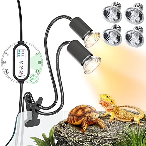 Reptile Heat Lamp, Dual-Head UVA/B Reptile Light with Cycle Timer, Basking Light for Reptile Turtle Bearded Dragon Lizards Snake, E26/27 Base with 4 Bulbs (2PCS 25W and 2PCS 50W)