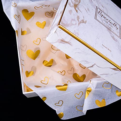 MR FIVE 100 Sheets White with Gold Heart Tissue Paper Bulk,20" x 14",Gold Heart Design Tissue Paper for Gift Bags,Gold Tissue Paper for Birthday,Valentine's Day,Mother's Day,Weddings