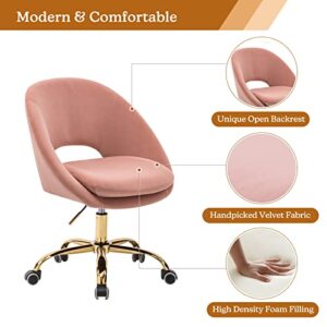 TINA'S HOME Modern Velvet Office Chair with with Adjustable Swivel, Comfy Upholstered Desk Chair with Open Back, Small Cute Chair for Living Room Study Vanity, Pink