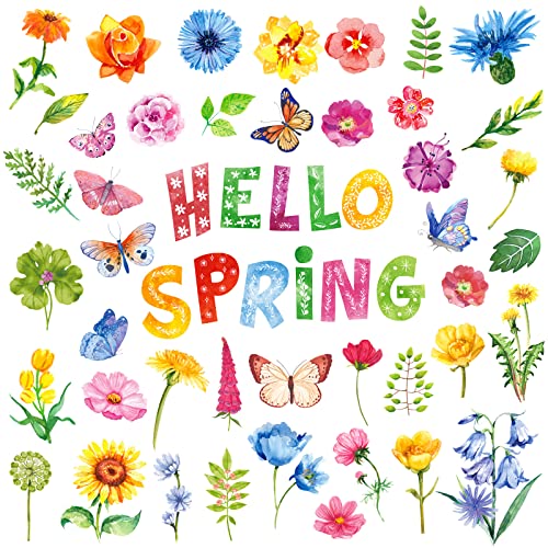 72 Pcs Cute Cutouts Hello Spring Cut Outs with 96 Pcs Glue Points Spring Bulletin Board Set Floral Plants Spring Cutouts Spring Decorations for Classroom School Game Party Bulletin Board Supplies