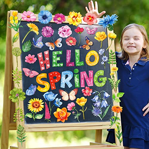 72 Pcs Cute Cutouts Hello Spring Cut Outs with 96 Pcs Glue Points Spring Bulletin Board Set Floral Plants Spring Cutouts Spring Decorations for Classroom School Game Party Bulletin Board Supplies