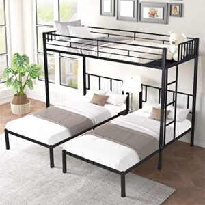 goohome triple bunk beds, twin over twin bunk beds for 3, metal bed frame for bedroom, apartment, dorm, heavy duty bunk bed with guardrail ladder, space-saving, black
