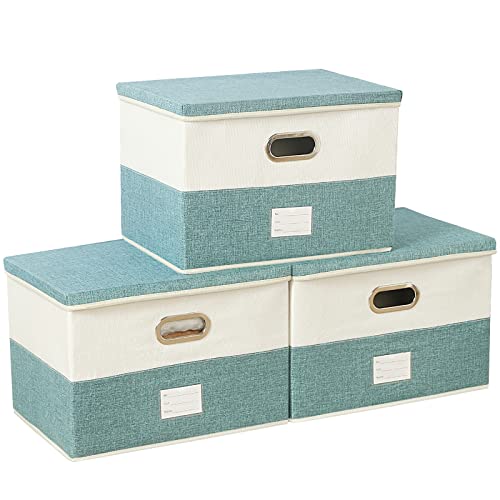 SEEKIND Large Foldable Storage Bins with Lids [3-Pack] Fabric Decorative Storage Box Organizer Container Basket Cube with Handles for Space Saving Storage,for Clothes,Blankets(16.9x11.8x11.8) …