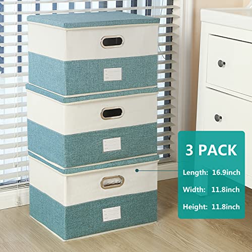 SEEKIND Large Foldable Storage Bins with Lids [3-Pack] Fabric Decorative Storage Box Organizer Container Basket Cube with Handles for Space Saving Storage,for Clothes,Blankets(16.9x11.8x11.8) …