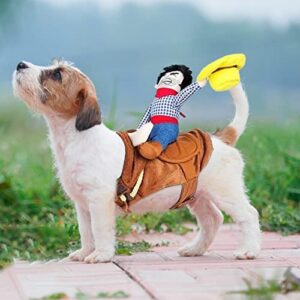 KSIEE Dog Cowboy Costume, Polyester Fiber Dog Cowboy Rider Outfit with Loop Fasteners, Dogs Clothes Knight Style with Doll and Hat for Halloween Christmas New Year Pet Costume (Small)