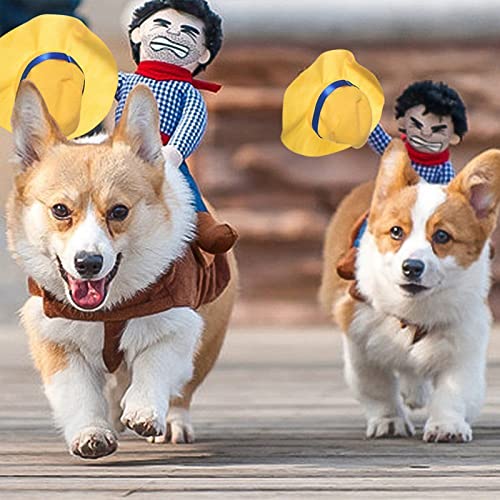 KSIEE Dog Cowboy Costume, Polyester Fiber Dog Cowboy Rider Outfit with Loop Fasteners, Dogs Clothes Knight Style with Doll and Hat for Halloween Christmas New Year Pet Costume (Small)