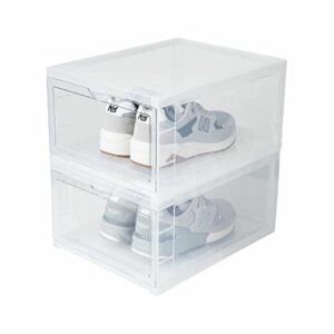 SneakNeat Sneaker Storage Container - 10 Pack, Durable Shoe Box Set with Drop Front Door - Store Up to Men's USA Size 13 - Free Standing Stackable Household Organizer - Stores, Protects, Displays Shoe Collection (Clear)