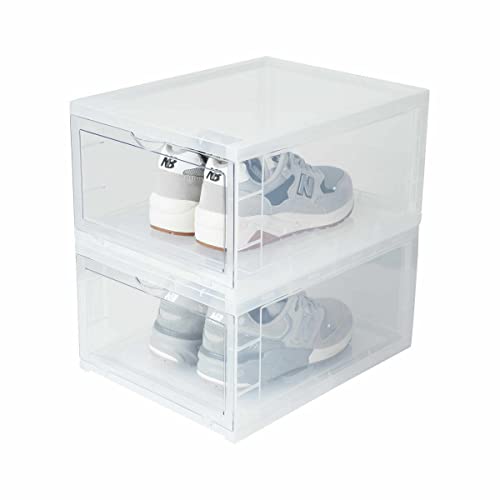 SneakNeat Sneaker Storage Container - 10 Pack, Durable Shoe Box Set with Drop Front Door - Store Up to Men's USA Size 13 - Free Standing Stackable Household Organizer - Stores, Protects, Displays Shoe Collection (Clear)