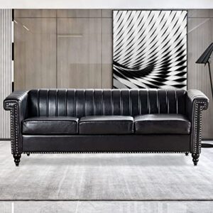 KUVENQIW Black Couches for Living Room Faux Leather Sofa Classic Large 3 Seater Couch Mid Century Modern Couch Deep Stripe Tufted Sofa for Bedroom, Office, Apartment.(Black)