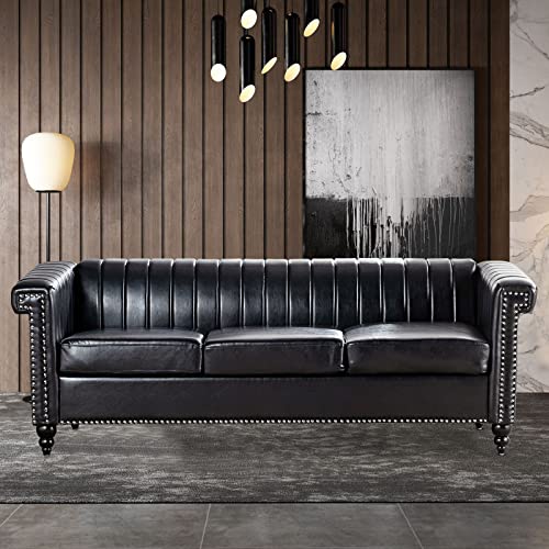 KUVENQIW Black Couches for Living Room Faux Leather Sofa Classic Large 3 Seater Couch Mid Century Modern Couch Deep Stripe Tufted Sofa for Bedroom, Office, Apartment.(Black)