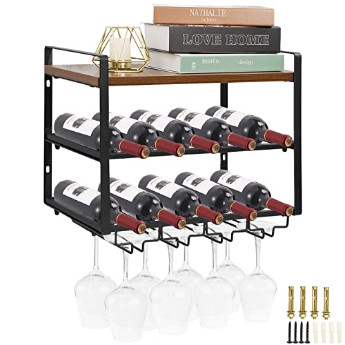 AUHOKY Industrial Wine Rack Wall Mounted Glasses Holder, 3-Tiers Metal Hanging Storage Display Shelf with Wine Bottles Glass Goblet Rack, Floating Shelves for Living Room Kitchen Home Decoration