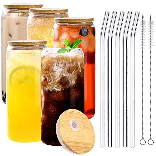 Moretoes 5 Pack 20oz Glass with Bamboo Lids and Glass Straw, Reusable Drinking Glasses Cups for Home Travel Office Coffee Tea Boba Juice Ice-cream
