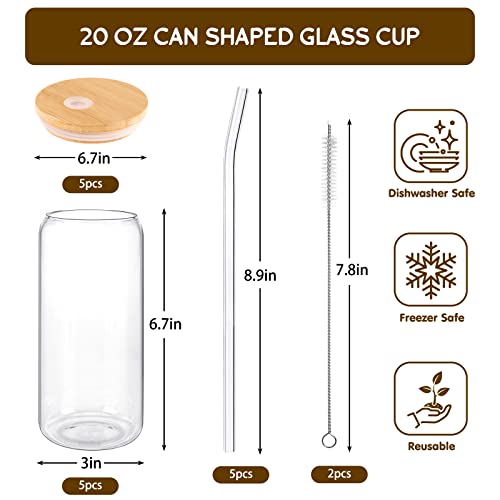 Moretoes 5 Pack 20oz Glass with Bamboo Lids and Glass Straw, Reusable Drinking Glasses Cups for Home Travel Office Coffee Tea Boba Juice Ice-cream