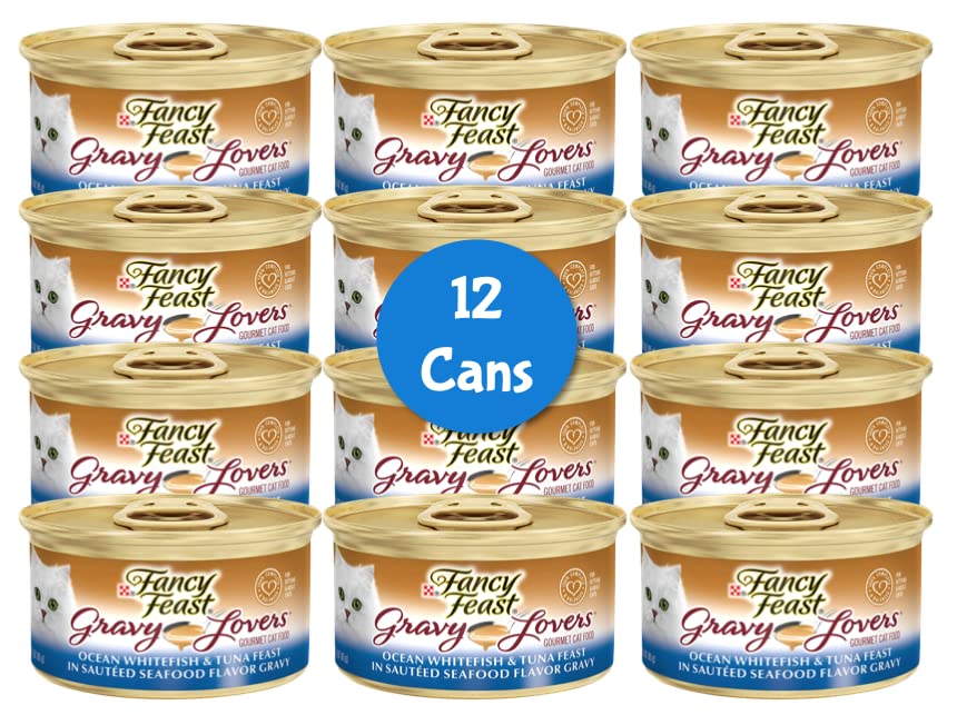 Fancy Feast Gravy Wet Cat Food, Gravy Lovers Ocean Whitefish & Tuna Feast in Seafood Gravy 3 oz (12 Cans) with Healthier Paws Sticker!!