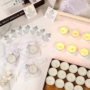 100 Sets Funeral Favors Memorial Tealight Candles for Guests Sympathy Tealight Candles White Unscented Candles with 100 Pcs Condolence Bereavement Cards and 100 Pcs Organza Bags for Funeral Gift