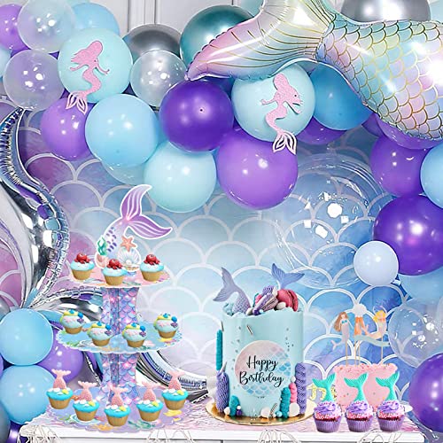 Mermaid Cupcake Stand with LED Light, 3 Tier Mermaid Party Supplies Mermaid Tail Cupcake Stand Holder for 24 Cupcakes for Girls Under The Sea Mermaid Theme Party Baby Shower Birthday Party Favors