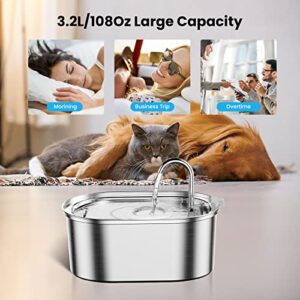 Cat Water Fountain, 3.2L/108oz Stainless Steel Pet Fountain Automatic Pet Water Fountain Water Dispenser Cat Water Bowl Cat Drinking Fountains with Ultra-Quiet Pump for Cats, Multiple Pets