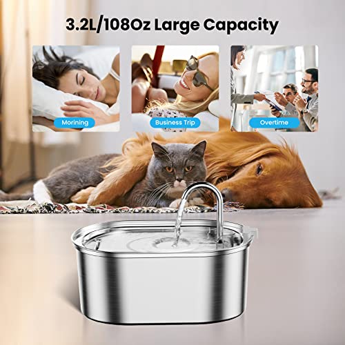 Cat Water Fountain, 3.2L/108oz Stainless Steel Pet Fountain Automatic Pet Water Fountain Water Dispenser Cat Water Bowl Cat Drinking Fountains with Ultra-Quiet Pump for Cats, Multiple Pets