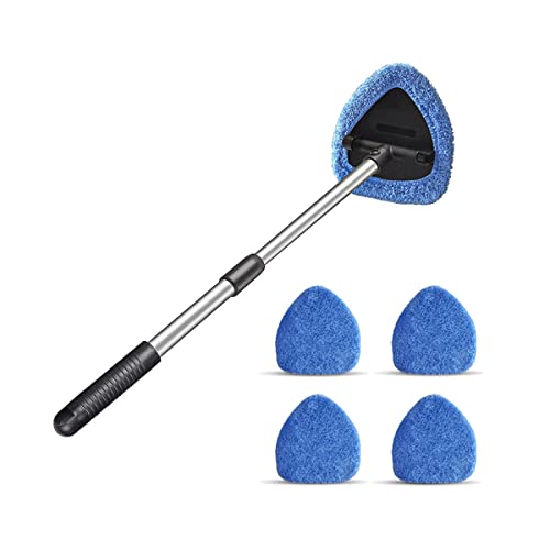 Windshield Cleaning Tool, Car Window Cleaner with 4 Washable Reusable Microfiber Pads, Extendable Long Handle Glass Wiper Cleaning Kit, Auto Accessories Universal for Office and Home (Blue)