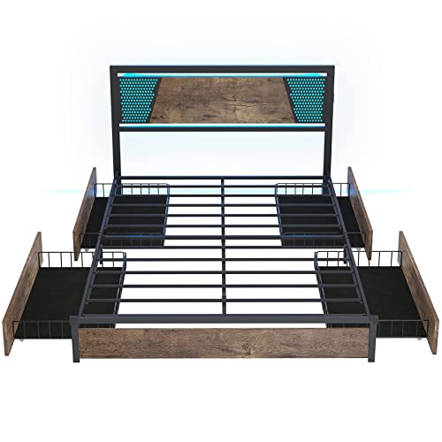 ADORNEVE LED Bed Frame Queen Size with 4 Drawers, Queen Bed Frame with 2 USB Charging Station, Metal Platform Bed with Storage & LED Lights, No Box Spring Needed, Easy Assembly, Vintage Brown