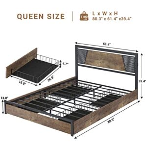 ADORNEVE LED Bed Frame Queen Size with 4 Drawers, Queen Bed Frame with 2 USB Charging Station, Metal Platform Bed with Storage & LED Lights, No Box Spring Needed, Easy Assembly, Vintage Brown