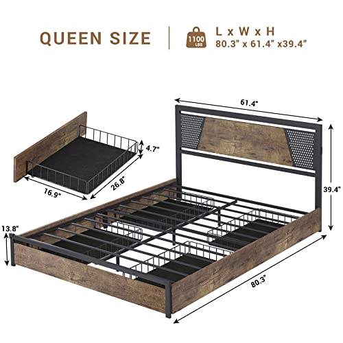ADORNEVE LED Bed Frame Queen Size with 4 Drawers, Queen Bed Frame with 2 USB Charging Station, Metal Platform Bed with Storage & LED Lights, No Box Spring Needed, Easy Assembly, Vintage Brown