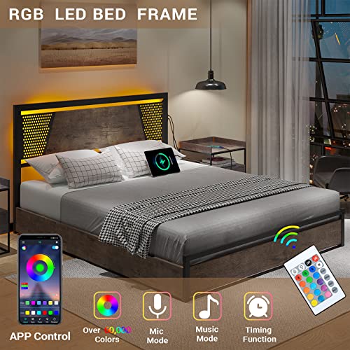 ADORNEVE LED Bed Frame Queen Size with 4 Drawers, Queen Bed Frame with 2 USB Charging Station, Metal Platform Bed with Storage & LED Lights, No Box Spring Needed, Easy Assembly, Vintage Brown