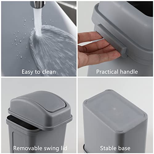 Ramddy 3 Pack Plastic Garbage Can, Gray, 7 L Trash Can with Swing Lid