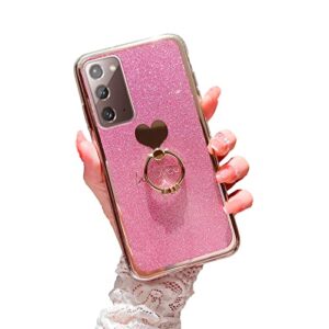 case for galaxy note 20 5g girls women cute luxury glitter shiny sparkly shell with ring kickstand upc soft slim bumper shockproof protective phone cover for samsung galaxy note 20 5g/4g 6.7" - pink
