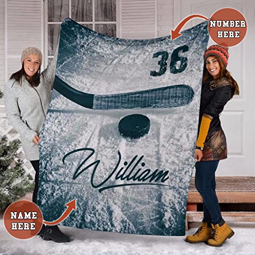 OhaPrints Blue Ice Hockey Blanket Hockey Stick and Puck Soft Sherpa Throw Blankets Cozy Fuzzy Fleece Throws for Tv Sofa Couch Comfy Fluffy Blanket 30X40 50X60 60X80