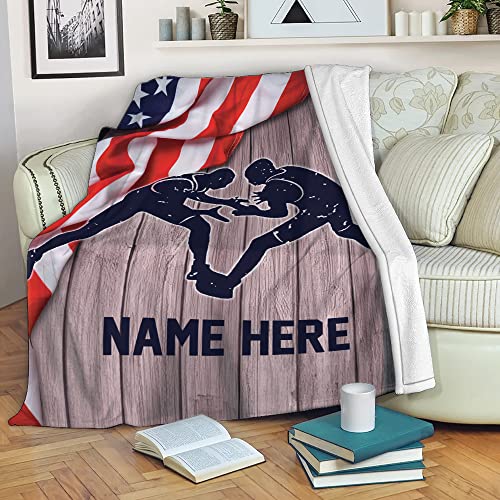 OhaPrints Custom Wrestling Lover Wrestler Gift American Flag Personalized Name Number Soft Sherpa Throw Blankets Cozy Fuzzy Fleece Throws for Tv Sofa Couch Comfy Fluffy Blanket 30X40 50X60 60X80