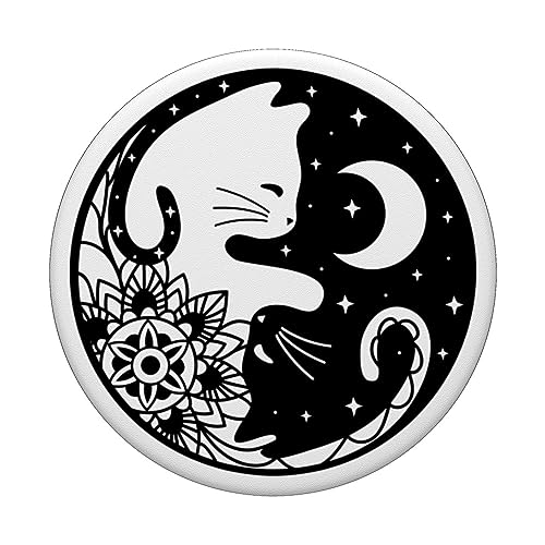 Black White Yin Yang Moon Mandala Cat Owner Pet Lover PopSockets Standard PopGrip