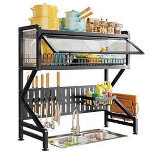 LOYALHEARTDY Over Sink Dish Drying Rack with Cover, 2 Tier Large Storage Kitchen Sink Organize Stand Shelf Space Saver Metal Dish Drying Rack for Kitchen Counter, 33.5"