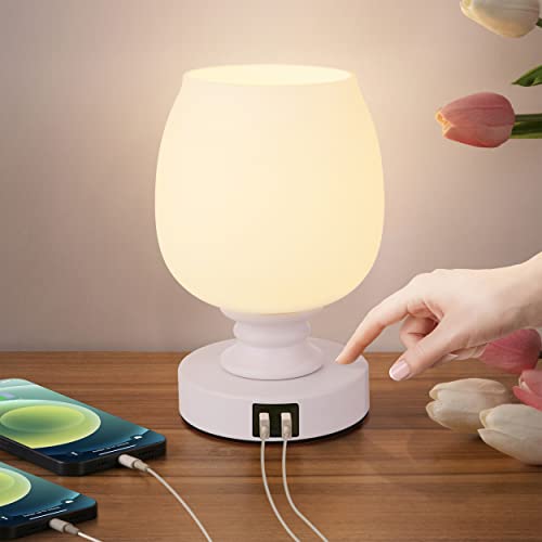 MAINDECO Small Touch Bedside Table Lamp, 3 Way Dimmable Touch Control & USB Charger Ports Desk Lamp,Small Place Nightstand Night Lamp for Bedroom -Bulb Included