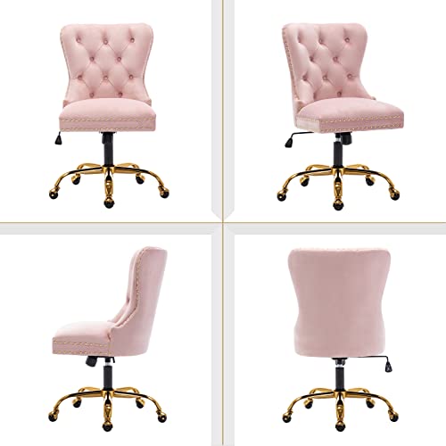 QUINJAY Velvet Home Office, Upholstered Adjustable Swivel desk chair with Gold Base, Tufted Study with Comfy High Back for Teens Study Makeup Pink