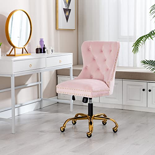 QUINJAY Velvet Home Office, Upholstered Adjustable Swivel desk chair with Gold Base, Tufted Study with Comfy High Back for Teens Study Makeup Pink