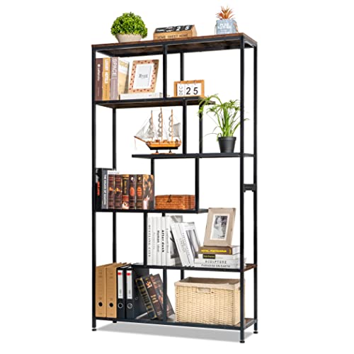 Tektalk Bookshelf，Rustic 6 Open Shelves Bookcase, Standing Book Shelf Display Bookshelves Storage Organizer Rack for Bedroom Living Room Home Office - Brown